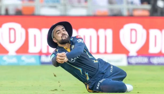 Rashid Khan takes a spectacular catch in Gujarat Titans’ thumping 56-run victory over the Lucknow Super Giants